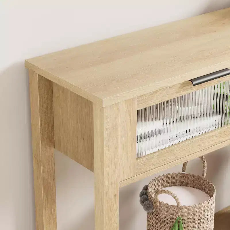 Consolle in Legno per Ingresso, Tavolo da Divano Stretto da 110 cm con 2 Cassetti in Vetro, Ripiano Contenitore in MDF Stile Rustico per Salotto e Foyer