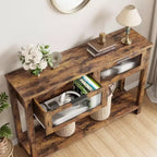 Consolle in Legno per Ingresso, Tavolo da Divano Stretto da 110 cm con 2 Cassetti in Vetro, Ripiano Contenitore in MDF Stile Rustico per Salotto e Foyer