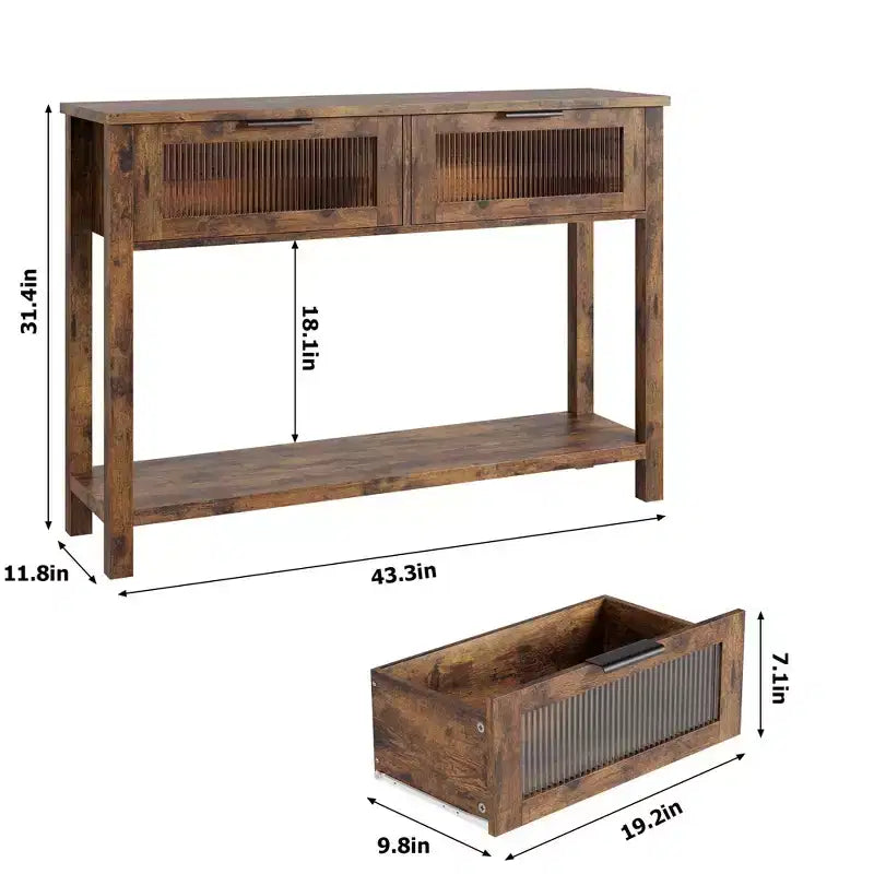 Consolle in Legno per Ingresso, Tavolo da Divano Stretto da 110 cm con 2 Cassetti in Vetro, Ripiano Contenitore in MDF Stile Rustico per Salotto e Foyer