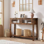 Consolle in Legno per Ingresso, Tavolo da Divano Stretto da 110 cm con 2 Cassetti in Vetro, Ripiano Contenitore in MDF Stile Rustico per Salotto e Foyer