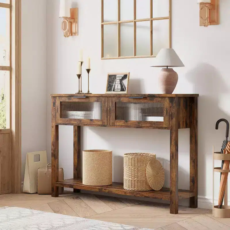 Consolle in Legno per Ingresso, Tavolo da Divano Stretto da 110 cm con 2 Cassetti in Vetro, Ripiano Contenitore in MDF Stile Rustico per Salotto e Foyer