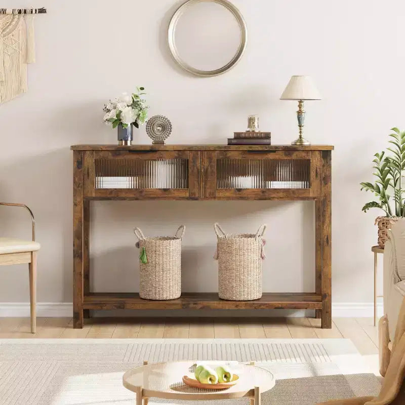 Consolle in Legno per Ingresso, Tavolo da Divano Stretto da 110 cm con 2 Cassetti in Vetro, Ripiano Contenitore in MDF Stile Rustico per Salotto e Foyer