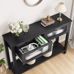 Consolle in Legno per Ingresso, Tavolo da Divano Stretto da 110 cm con 2 Cassetti in Vetro, Ripiano Contenitore in MDF Stile Rustico per Salotto e Foyer