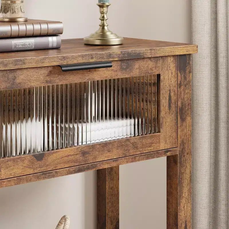 Consolle in Legno per Ingresso, Tavolo da Divano Stretto da 110 cm con 2 Cassetti in Vetro, Ripiano Contenitore in MDF Stile Rustico per Salotto e Foyer