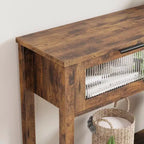 Consolle in Legno per Ingresso, Tavolo da Divano Stretto da 110 cm con 2 Cassetti in Vetro, Ripiano Contenitore in MDF Stile Rustico per Salotto e Foyer