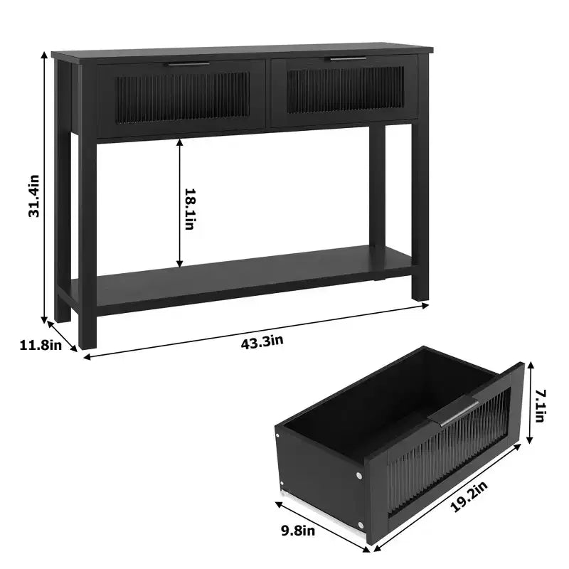 Consolle in Legno per Ingresso, Tavolo da Divano Stretto da 110 cm con 2 Cassetti in Vetro, Ripiano Contenitore in MDF Stile Rustico per Salotto e Foyer