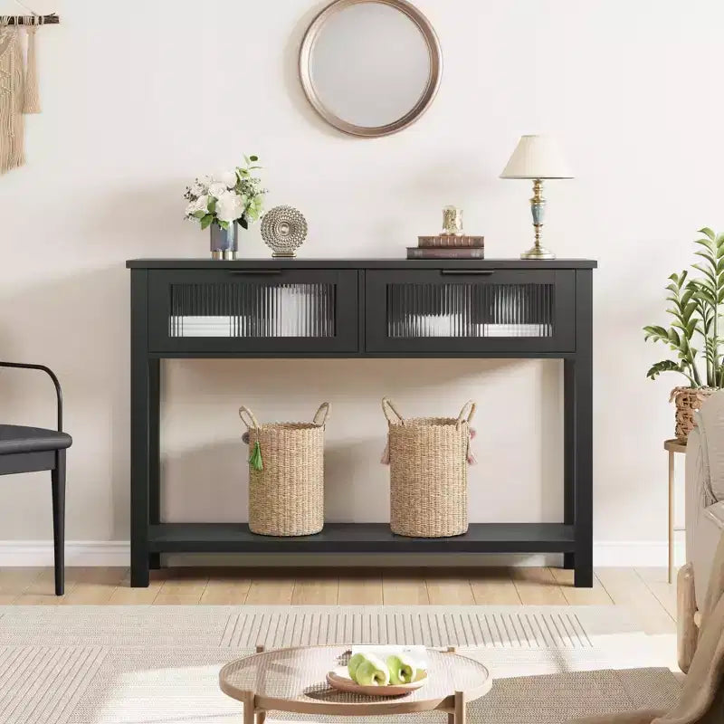 Consolle in Legno per Ingresso, Tavolo da Divano Stretto da 110 cm con 2 Cassetti in Vetro, Ripiano Contenitore in MDF Stile Rustico per Salotto e Foyer
