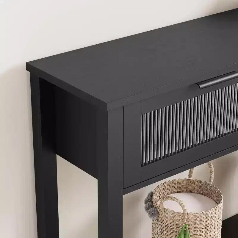 Consolle in Legno per Ingresso, Tavolo da Divano Stretto da 110 cm con 2 Cassetti in Vetro, Ripiano Contenitore in MDF Stile Rustico per Salotto e Foyer