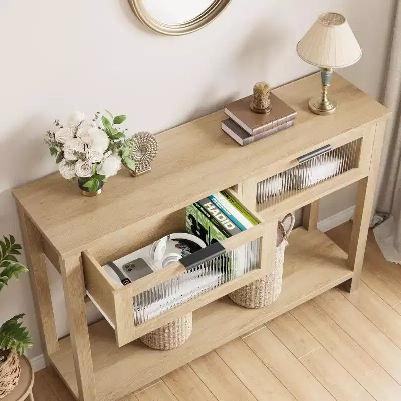 Consolle in Legno per Ingresso, Tavolo da Divano Stretto da 110 cm con 2 Cassetti in Vetro, Ripiano Contenitore in MDF Stile Rustico per Salotto e Foyer