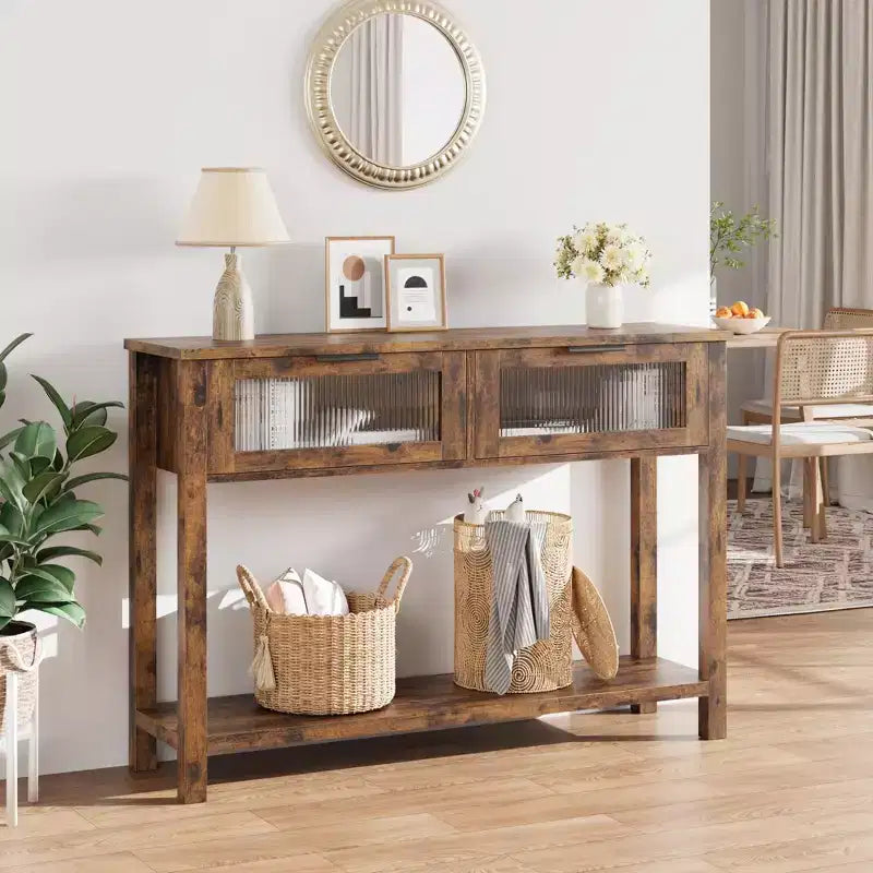 Consolle in Legno per Ingresso, Tavolo da Divano Stretto da 110 cm con 2 Cassetti in Vetro, Ripiano Contenitore in MDF Stile Rustico per Salotto e Foyer
