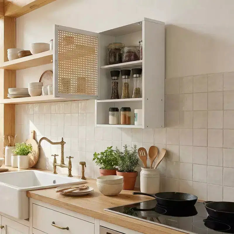 Pensile da parete in bambù con ante in rattan, organizer da bagno sopra il WC, ripiano regolabile, armadietto dei medicinali da parete per la lavanderia
