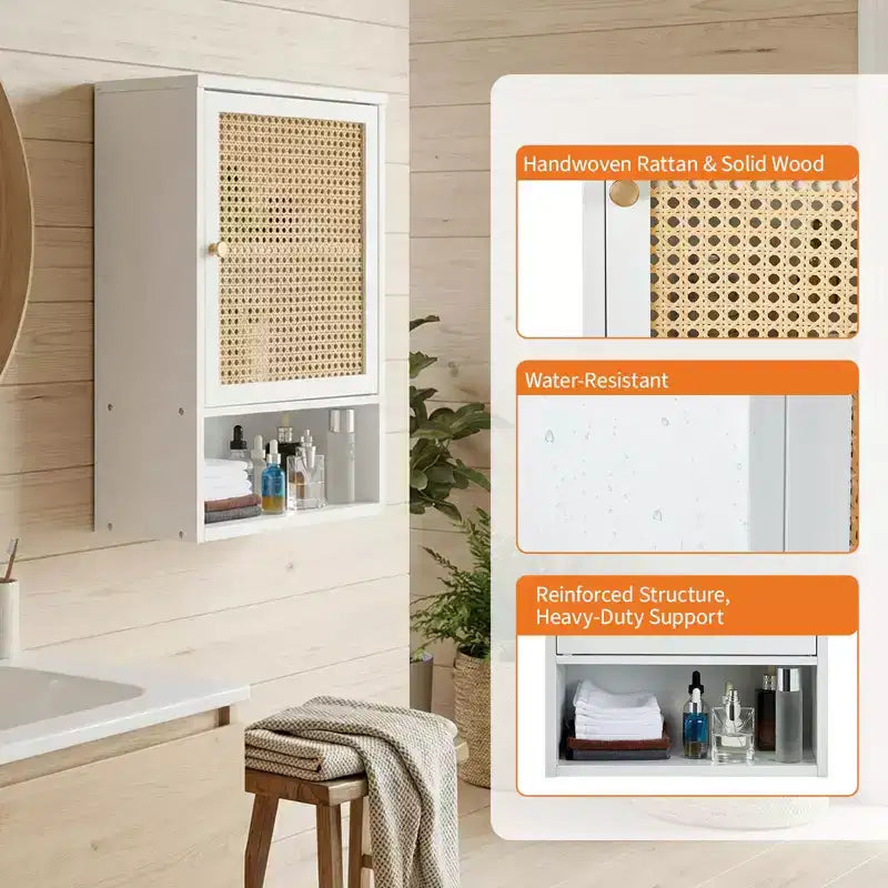 Pensile da parete in bambù con ante in rattan, organizer da bagno sopra il WC, ripiano regolabile, armadietto dei medicinali da parete per la lavanderia