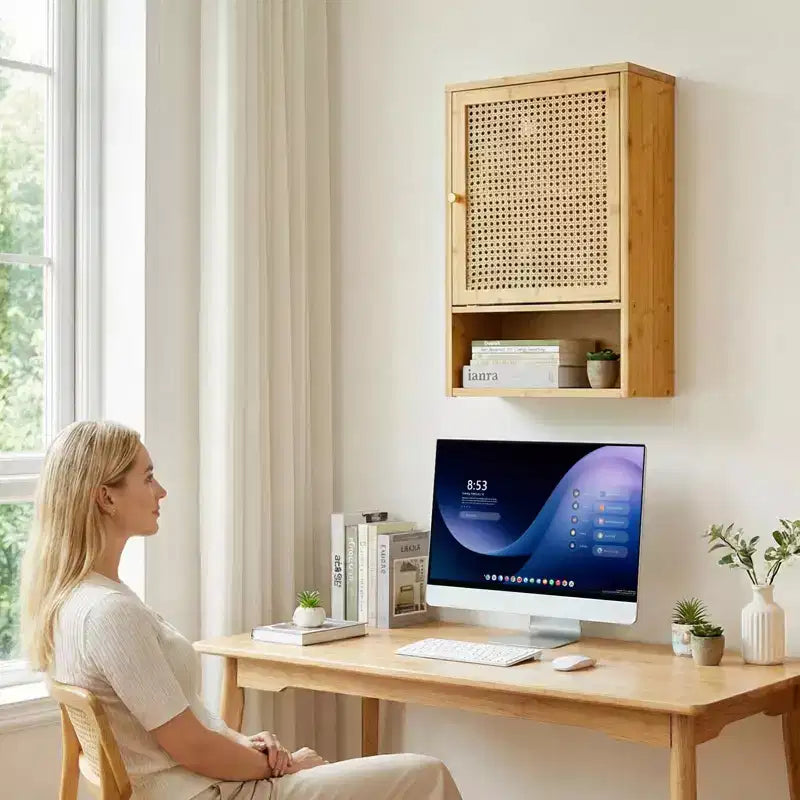 Pensile da parete in bambù con ante in rattan, organizer da bagno sopra il WC, ripiano regolabile, armadietto dei medicinali da parete per la lavanderia