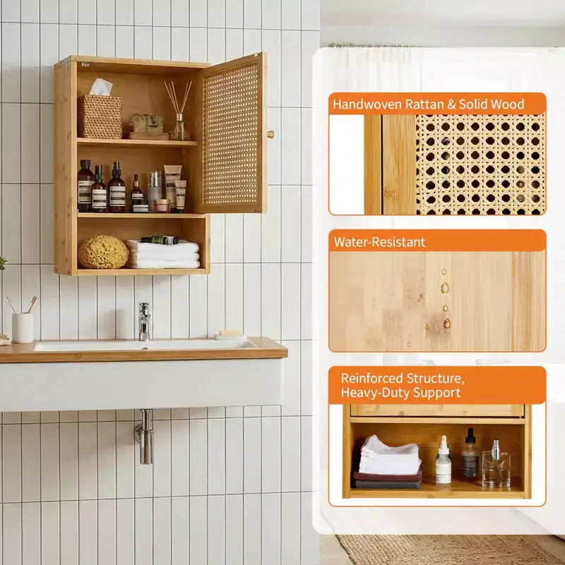 Pensile da parete in bambù con ante in rattan, organizer da bagno sopra il WC, ripiano regolabile, armadietto dei medicinali da parete per la lavanderia