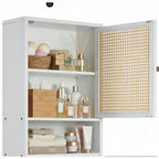 Pensile da parete in bambù con ante in rattan, organizer da bagno sopra il WC, ripiano regolabile, armadietto dei medicinali da parete per la lavanderia