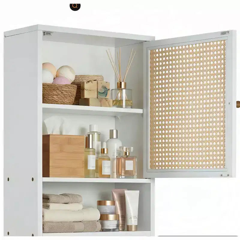 Pensile da parete in bambù con ante in rattan, organizer da bagno sopra il WC, ripiano regolabile, armadietto dei medicinali da parete per la lavanderia