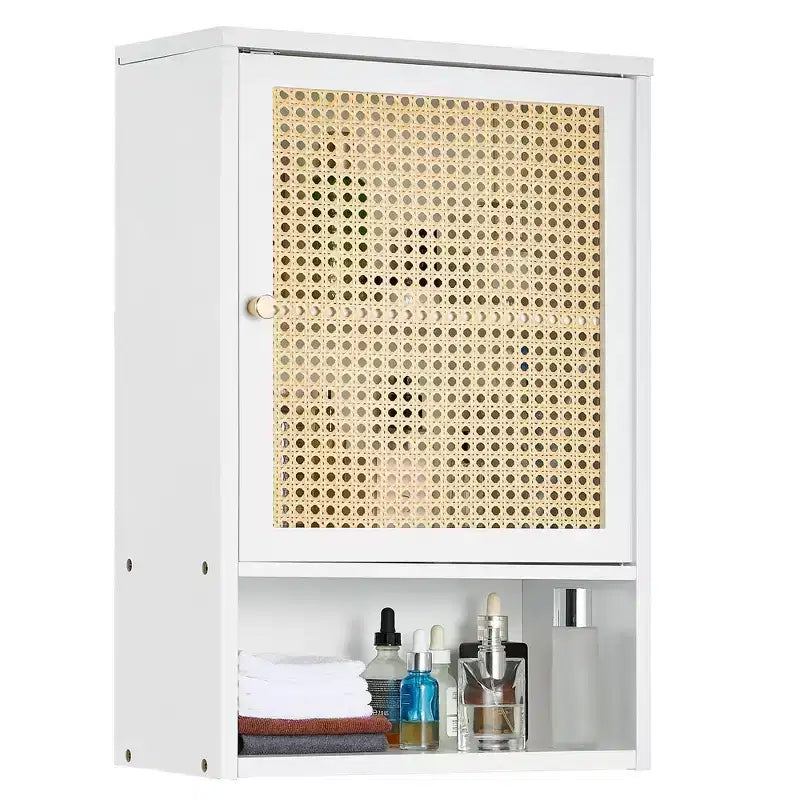 Pensile da parete in bambù con ante in rattan, organizer da bagno sopra il WC, ripiano regolabile, armadietto dei medicinali da parete per la lavanderia