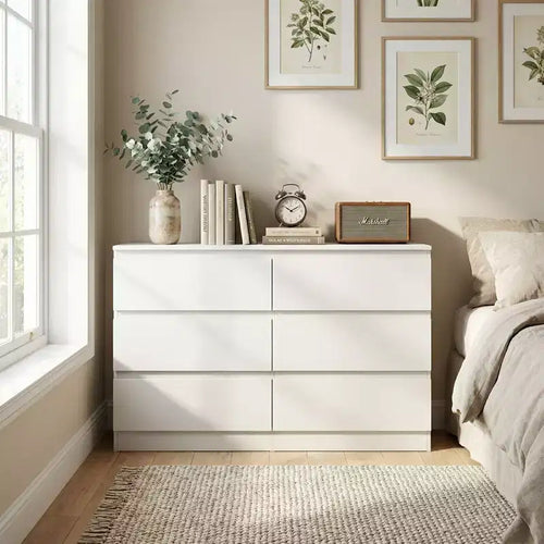 6 Drawer White Dresser, Modern Dresser For Bedroom With Spacious Countertop, Wood Cabinet With Concealed Handles & 6 Deep Drawers For Bedroom