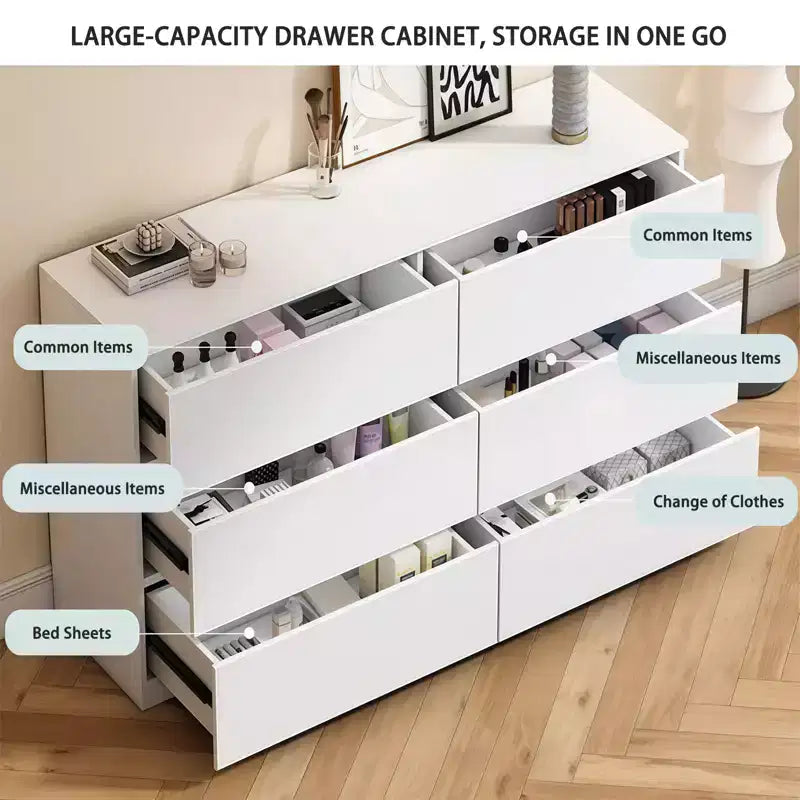Comò bianco a 6 cassetti, comò moderno per camera da letto con piano spazioso, mobile in legno con maniglie a scomparsa e 6 cassetti profondi per camera da letto