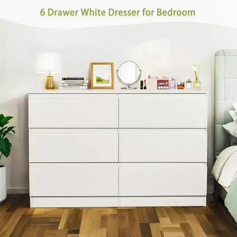 Comò bianco a 6 cassetti, comò moderno per camera da letto con piano spazioso, mobile in legno con maniglie a scomparsa e 6 cassetti profondi per camera da letto