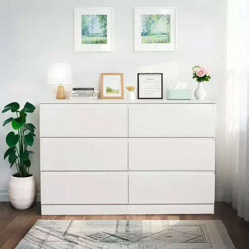 Commode blanche à 6 tiroirs, commode moderne pour chambre à coucher avec plateau spacieux, meuble en bois avec poignées dissimulées et 6 tiroirs profonds pour chambre à coucher