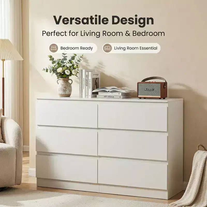 Comò bianco a 6 cassetti, comò moderno per camera da letto con piano spazioso, mobile in legno con maniglie a scomparsa e 6 cassetti profondi per camera da letto