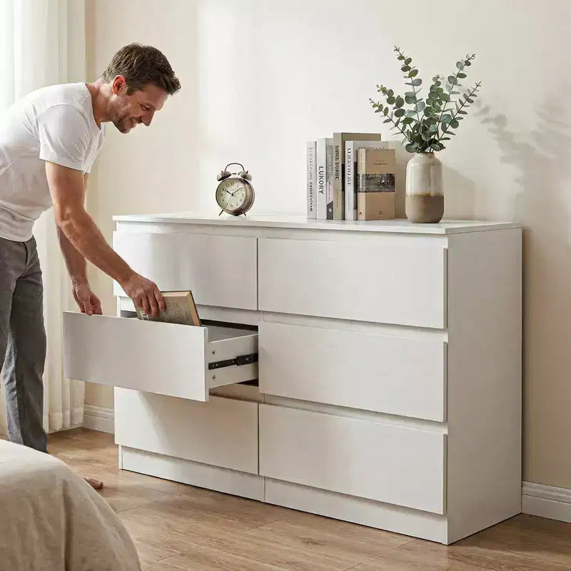 Comò bianco a 6 cassetti, comò moderno per camera da letto con piano spazioso, mobile in legno con maniglie a scomparsa e 6 cassetti profondi per camera da letto