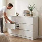 Comò bianco a 6 cassetti, comò moderno per camera da letto con piano spazioso, mobile in legno con maniglie a scomparsa e 6 cassetti profondi per camera da letto