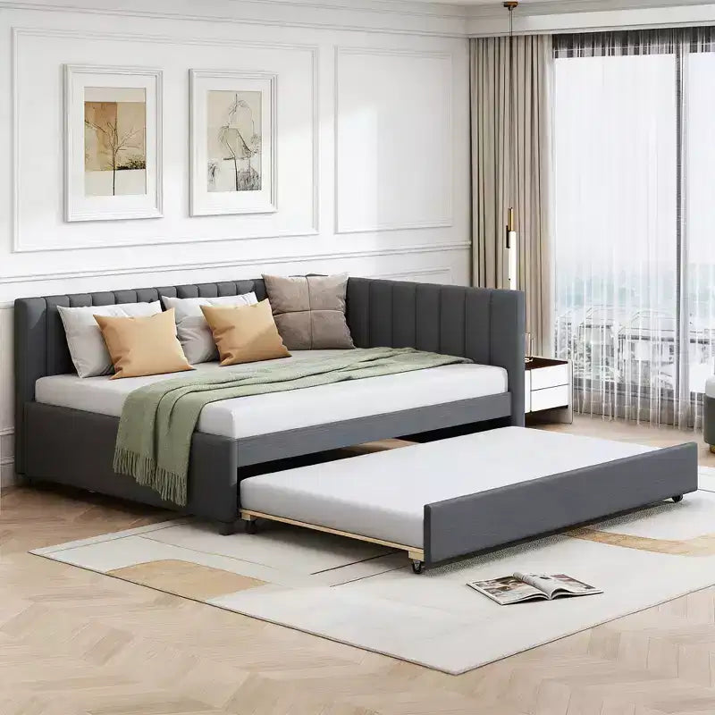 Luxystar Letto a giorno moderno in lino imbottito Full Size con letto estraibile