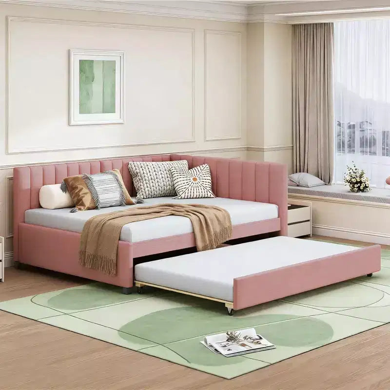 Luxystar Letto a giorno moderno in lino imbottito Full Size con letto estraibile