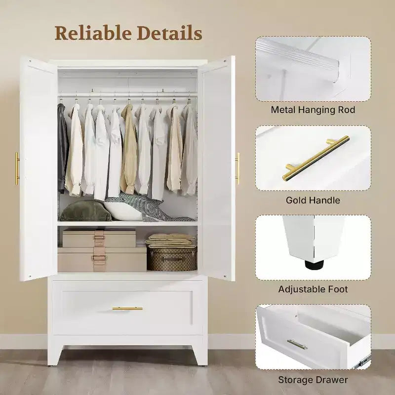 Zevemomo 60.16 Guardaroba Armadio in Metallo con Cassetto e Ripiano Regolabile, Armadietti Contenitori Alti per Camera da Letto, Lavanderia, Ufficio, Bianco