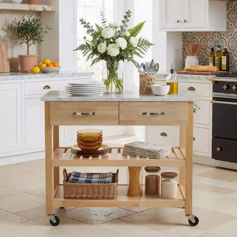 Carrello da Cucina su Ruote con Piano in Marmo, Isola da Cucina in Legno Massello con 2 Cassetti, Carrello da Cucina a 3 Livelli con Ruote Staccabili Bloccabili e Portasciugamani