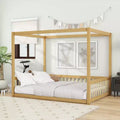Clihome Full Size Canopy Frame Rubber Wood Floor Bed with Fence,Guardrails