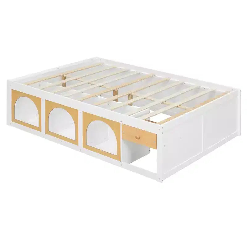 Letto a piattaforma Zeus & Ruta Wood con libreria, mobiletto, luce e cassetto