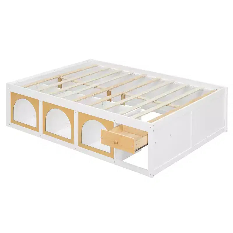 Letto a piattaforma Zeus & Ruta Wood con libreria, mobiletto, luce e cassetto
