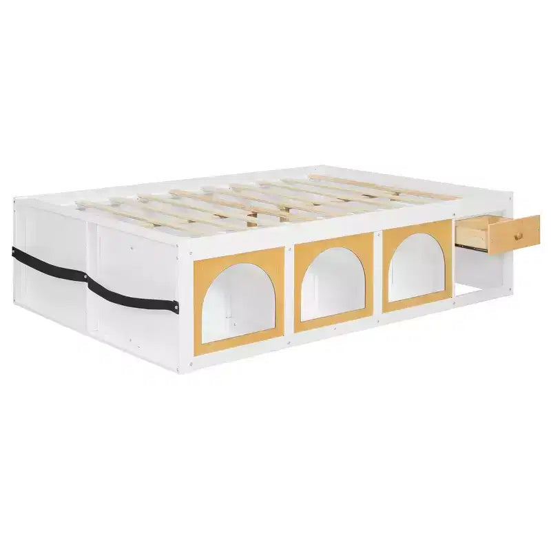 Letto a piattaforma Zeus & Ruta Wood con libreria, mobiletto, luce e cassetto