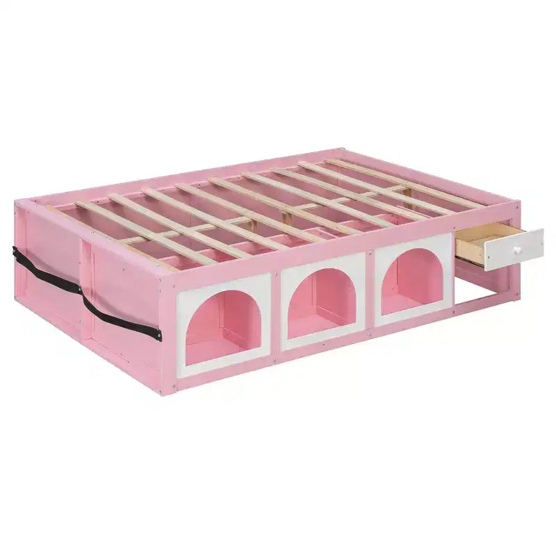 Letto a piattaforma Zeus & Ruta Wood con libreria, mobiletto, luce e cassetto