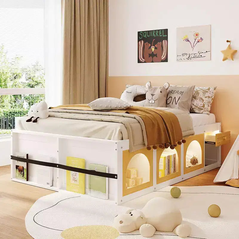 Letto a piattaforma Zeus & Ruta Wood con libreria, mobiletto, luce e cassetto