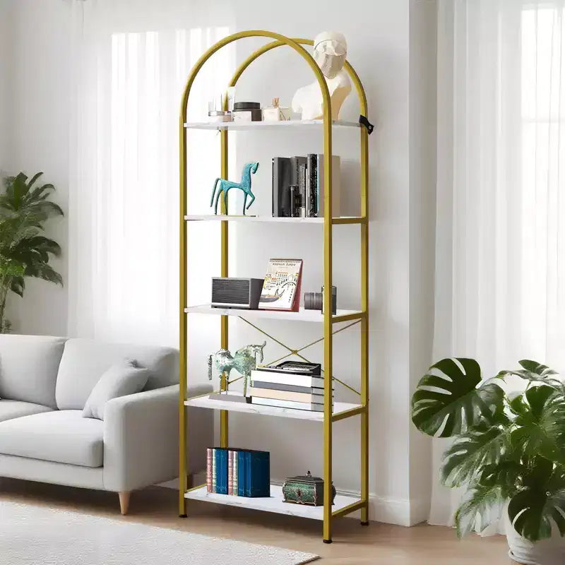 Libreria moderna a 5 ripiani ad arco - Scaffale in metallo con ampi ripiani aperti in legno, Espositore per soggiorno, camera da letto e ufficio