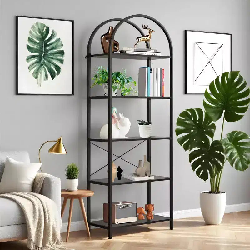 Libreria moderna a 5 ripiani ad arco - Scaffale in metallo con ampi ripiani aperti in legno, Espositore per soggiorno, camera da letto e ufficio