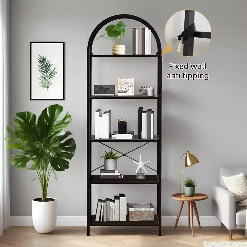 Libreria moderna a 5 ripiani ad arco - Scaffale in metallo con ampi ripiani aperti in legno, Espositore per soggiorno, camera da letto e ufficio