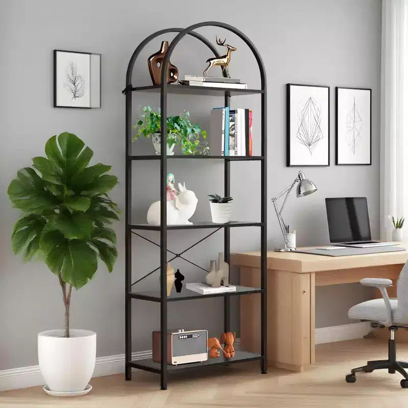 Libreria moderna a 5 ripiani ad arco - Scaffale in metallo con ampi ripiani aperti in legno, Espositore per soggiorno, camera da letto e ufficio