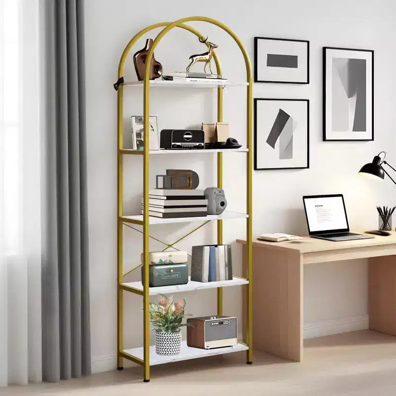 Libreria moderna a 5 ripiani ad arco - Scaffale in metallo con ampi ripiani aperti in legno, Espositore per soggiorno, camera da letto e ufficio