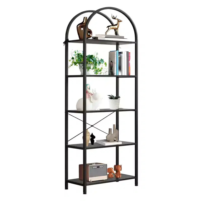 Modern 5-Tier Arched Bookshelf - Metal Frame Standing Bookcase with Large Open Wooden Shelves, Display Rack for Living Room, Bedroom & Home Office
