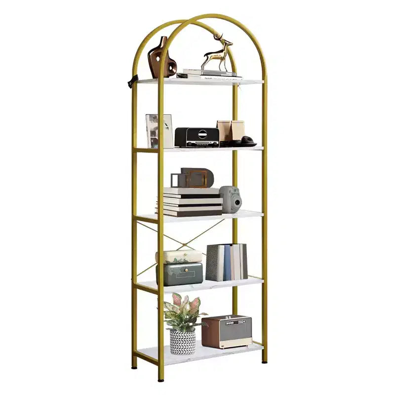 Libreria moderna a 5 ripiani ad arco - Scaffale in metallo con ampi ripiani aperti in legno, Espositore per soggiorno, camera da letto e ufficio