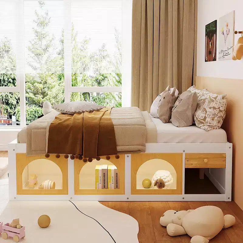 GDFStudio Miller Letto a Piattaforma in Legno con Libreria, Vetrina, Luce a LED e Cassetto