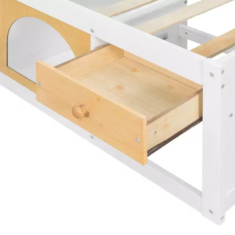GDFStudio Miller Letto a Piattaforma in Legno con Libreria, Vetrina, Luce a LED e Cassetto