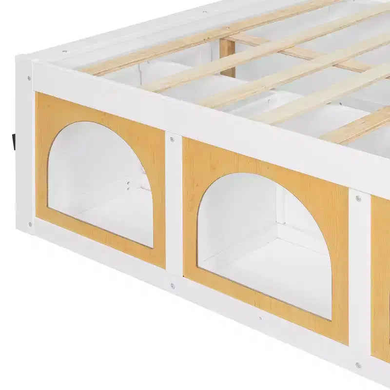 GDFStudio Miller Letto a Piattaforma in Legno con Libreria, Vetrina, Luce a LED e Cassetto