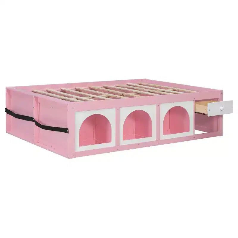 GDFStudio Miller Letto a Piattaforma in Legno con Libreria, Vetrina, Luce a LED e Cassetto