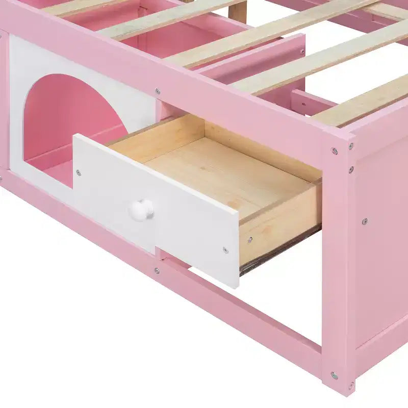 GDFStudio Miller Letto a Piattaforma in Legno con Libreria, Vetrina, Luce a LED e Cassetto
